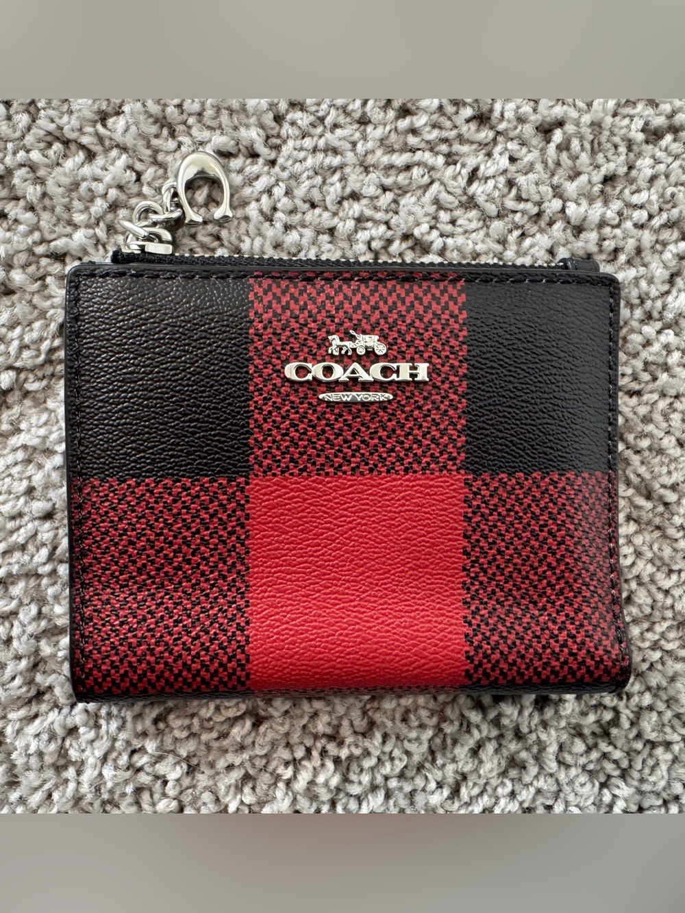 COACH Red and Black Plaid Bifold snap Leather Zip wallet